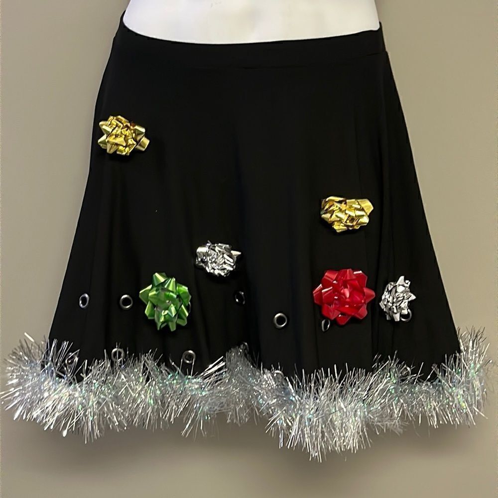 Btween Us Black Fit and Flare Ugly Christmas Skirt w/ Bows & Tinsel Garland- Med